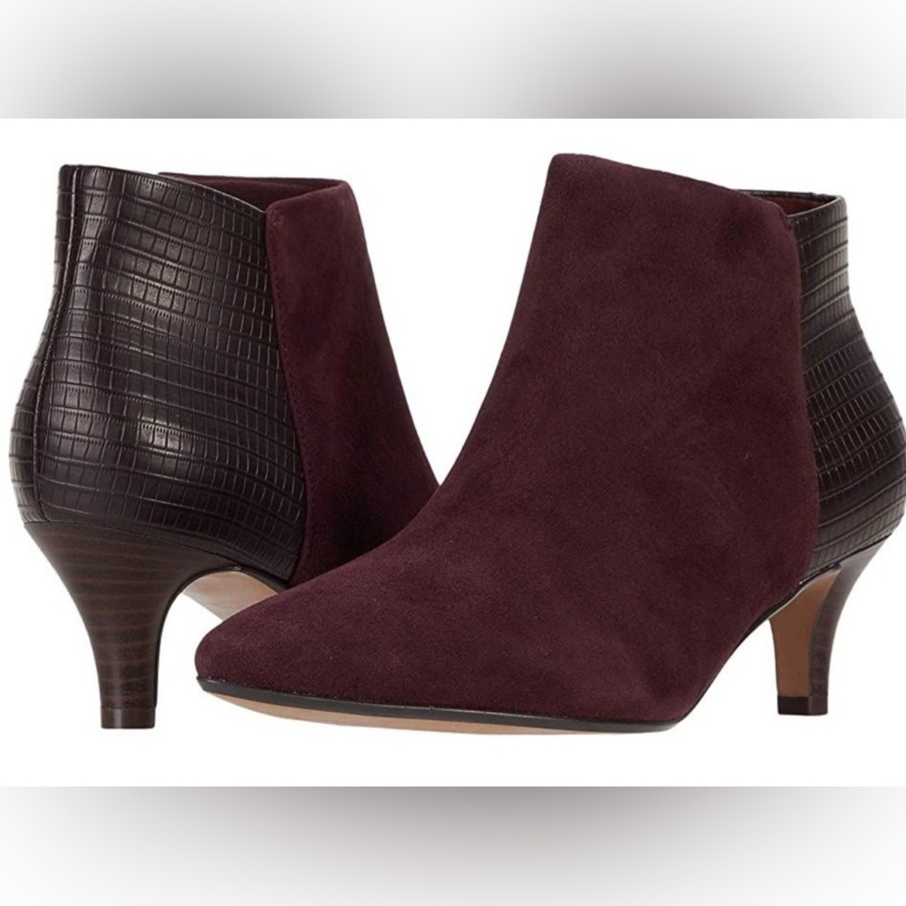 Clarks Linvale Sea Maroon Suede and Dark Brown Ankle Booties